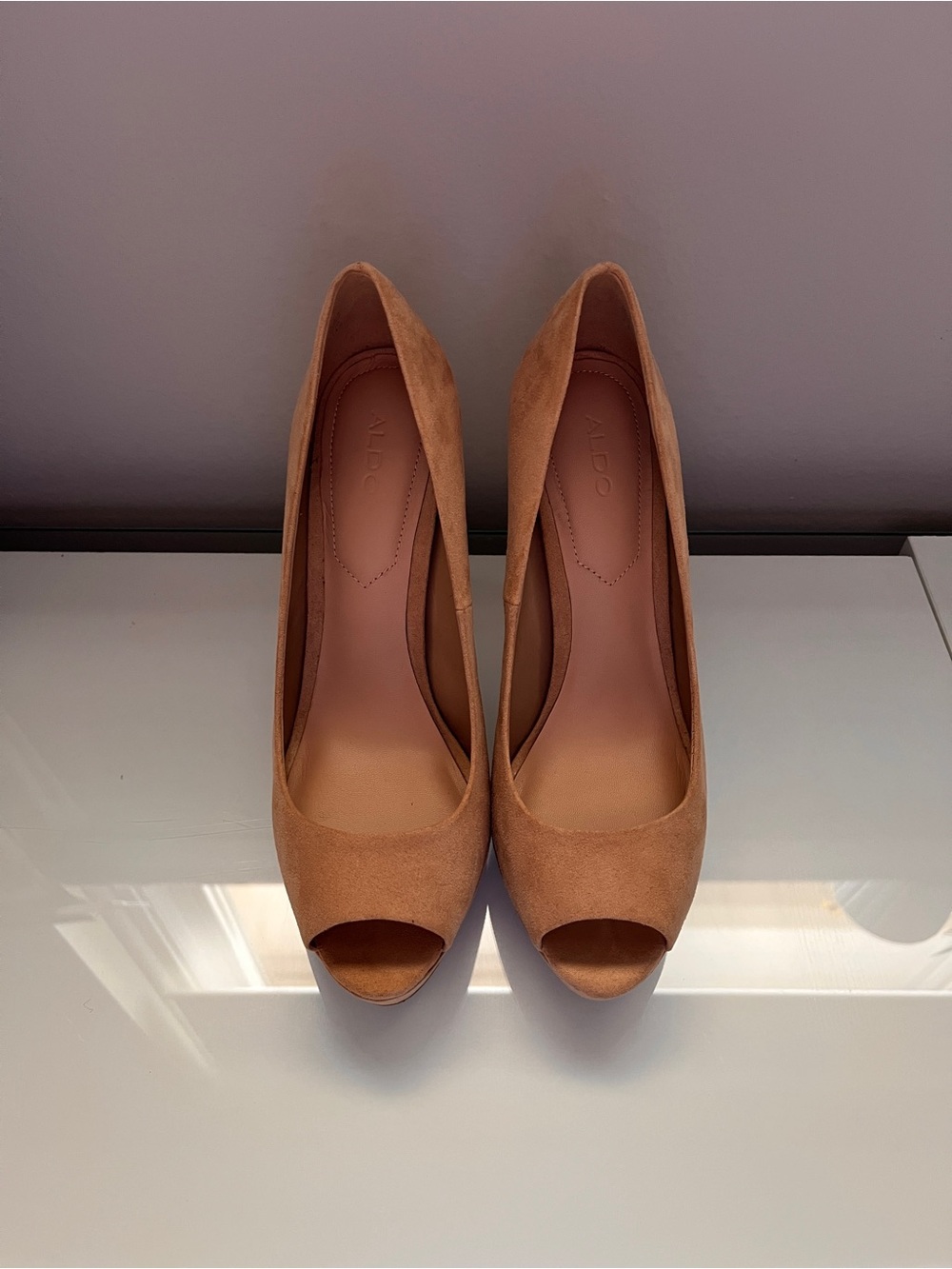 Aldo Beige Suede Peep-Toe Stiletto Heels - Picture 7 of 8